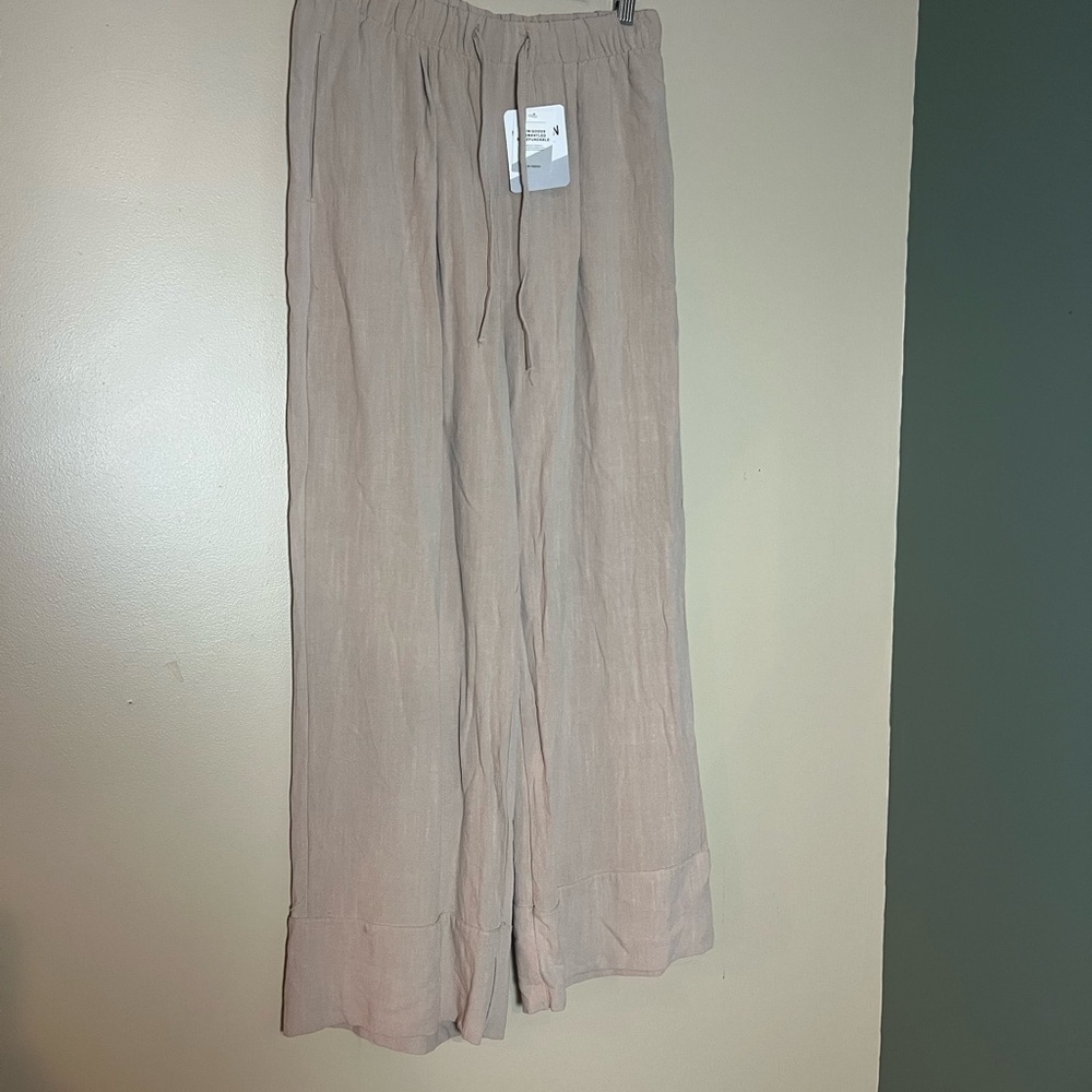 Women's Linen Cotten Blend Pull On Tan Pants Drawstring Size M Wide Leg Relaxed